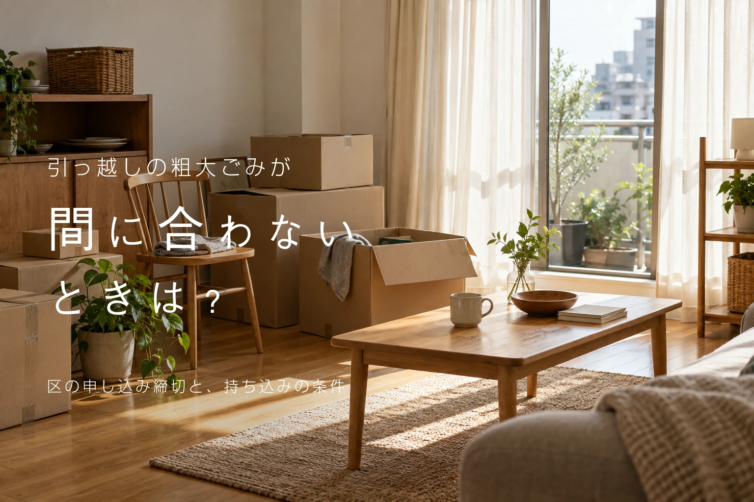 引っ越しの粗大ごみが間に合わないときは？区の申し込み締切と持ち込みの条件。段ボール箱が積まれた引っ越し前の部屋に、木の椅子や棚が残っている