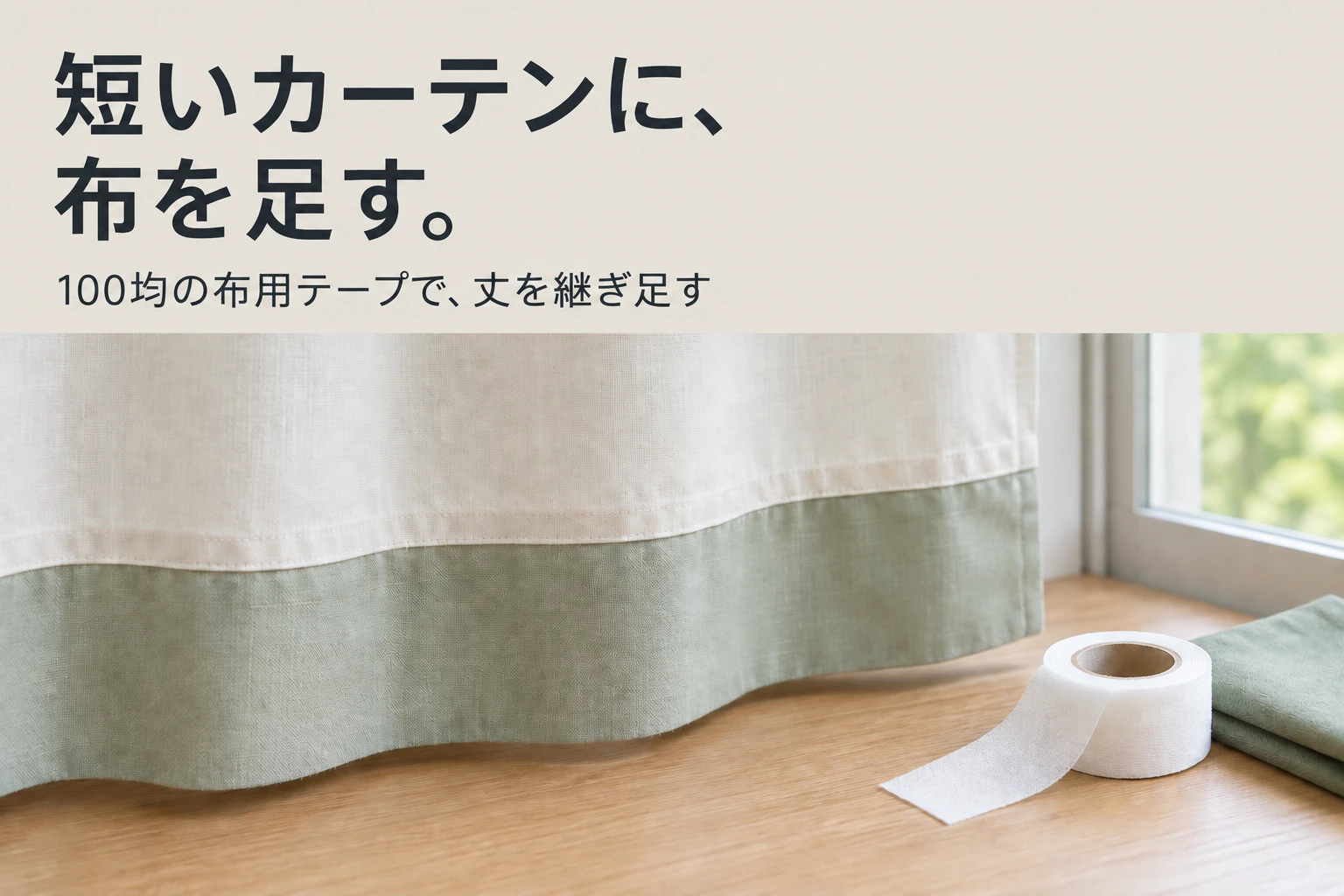 短いカーテンに、布を足す。100均の布用テープで、丈を継ぎ足す。淡いグレージュの見出し背景と、裾に淡い緑の布を足したカーテンの写真