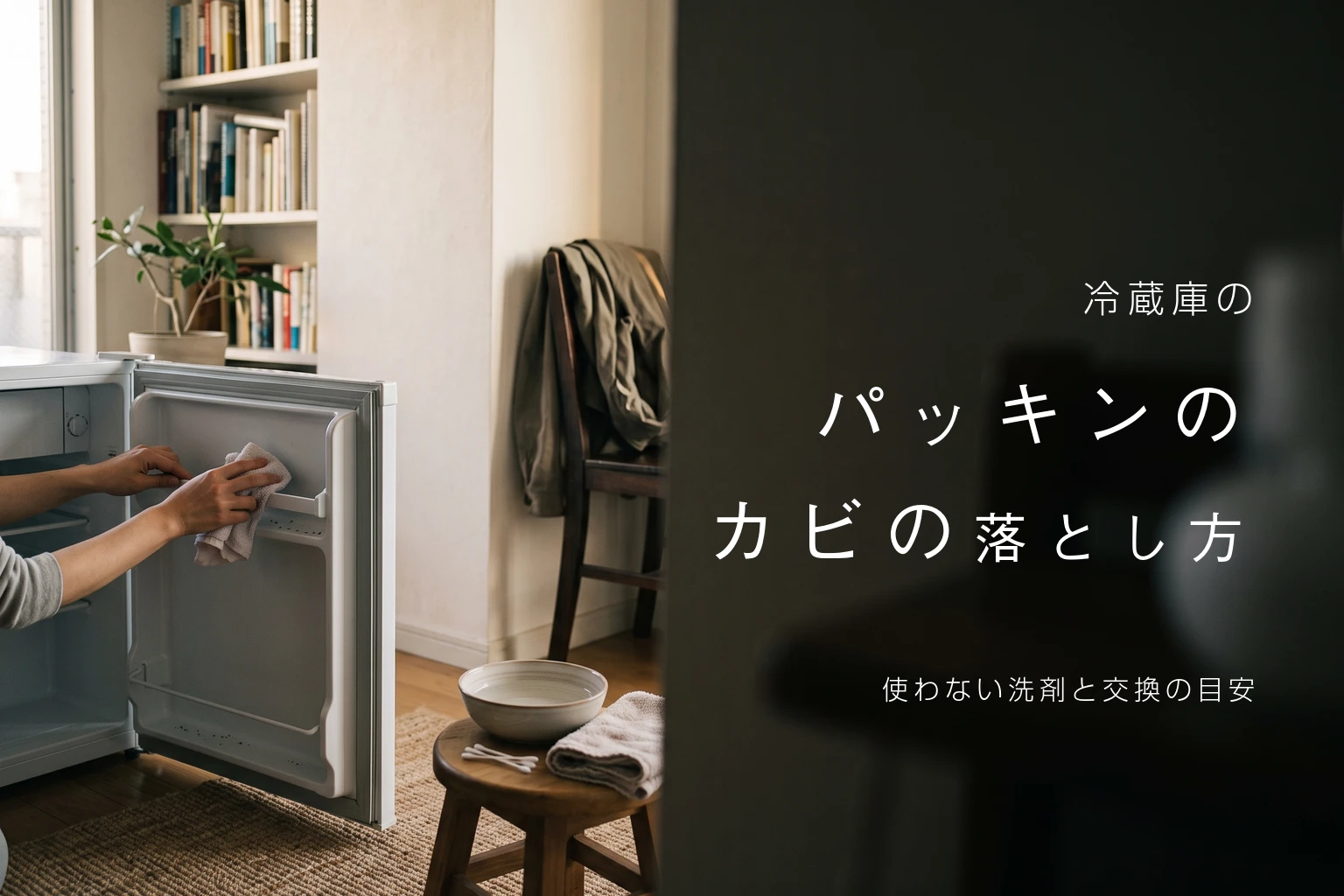 冷蔵庫のパッキンのカビの落とし方。台所で開けた冷蔵庫のドアのゴムパッキンと、そばに置いたぬるま湯の入ったボウルと布