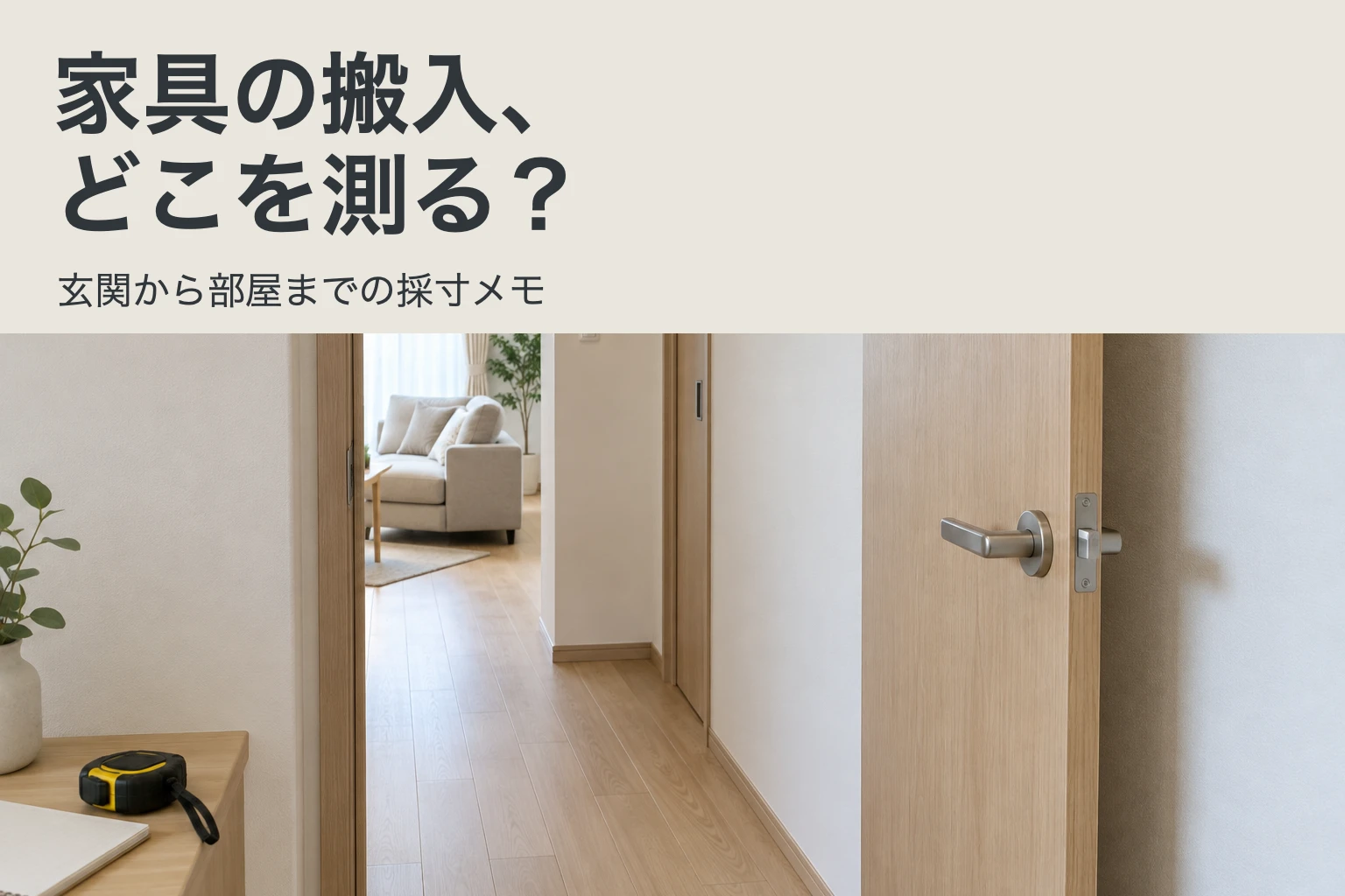 家具の搬入、どこを測る？玄関から部屋までの採寸メモ。開いた扉の取手と廊下、奥のソファを写した表紙