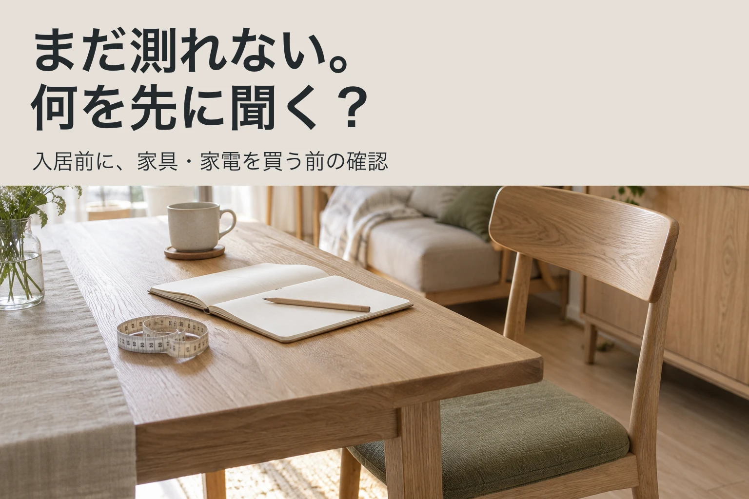 まだ測れない。何を先に聞く?入居前に家具・家電を買う前の確認。淡いグレージュの見出し背景と、メモ帳とメジャーを置いたテーブルの写真