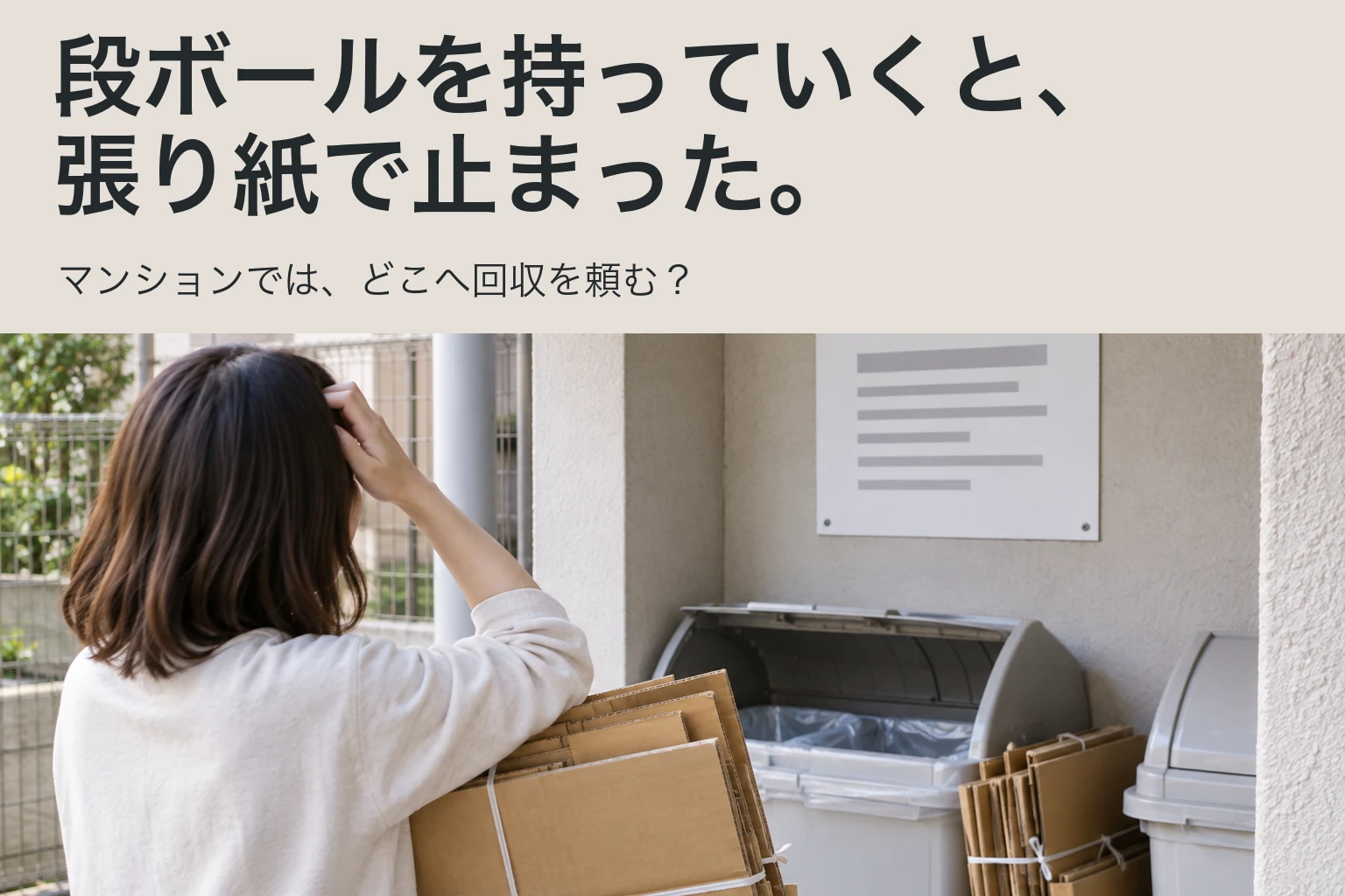 段ボールを捨てに行ったら張り紙で止まった。マンションのごみ置き場で、たたんだ段ボールを抱えた人の説明用写真