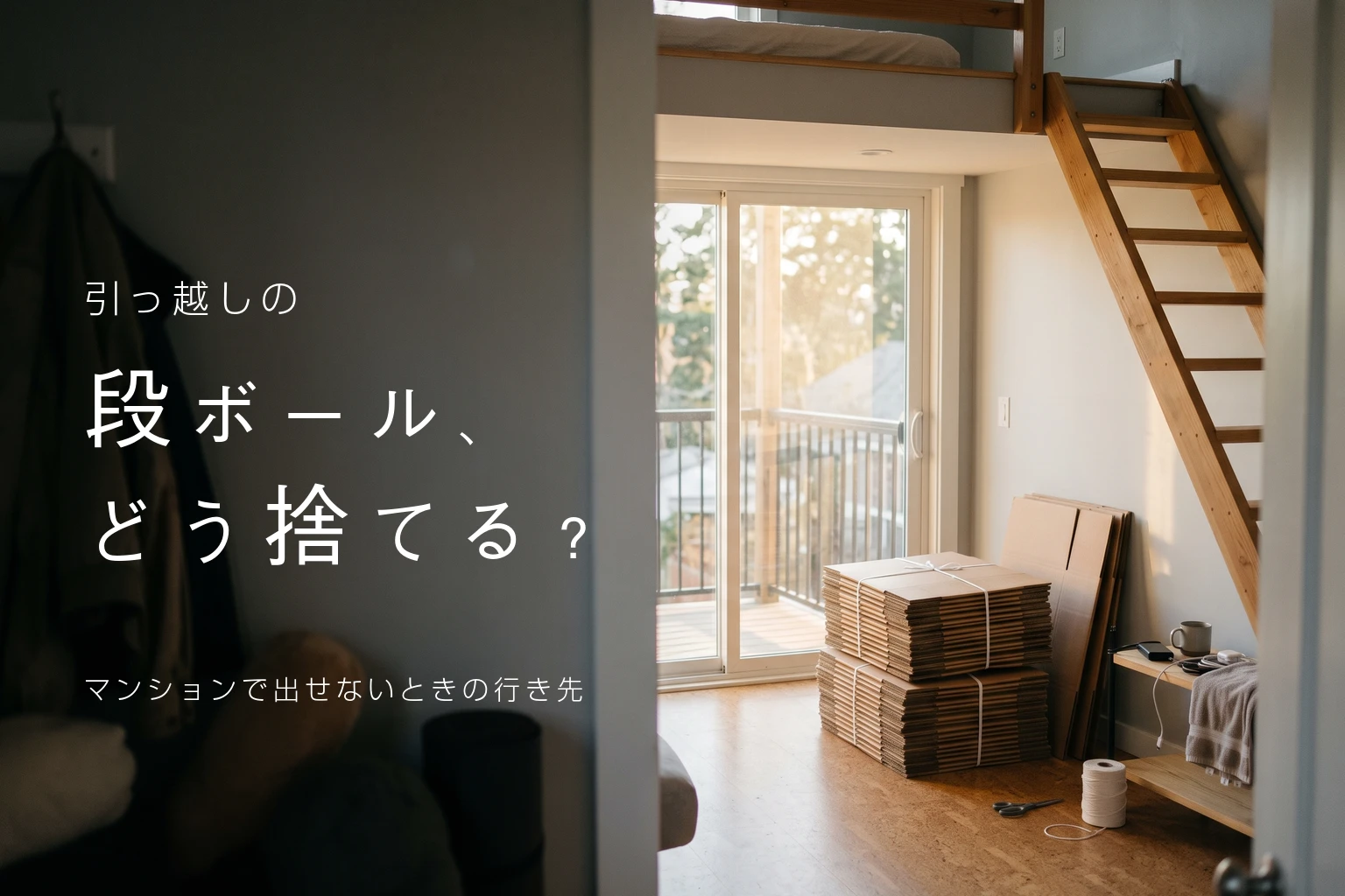 引っ越しの段ボール、どう捨てる？ひもで縛った段ボールの束が置かれた部屋の写真
