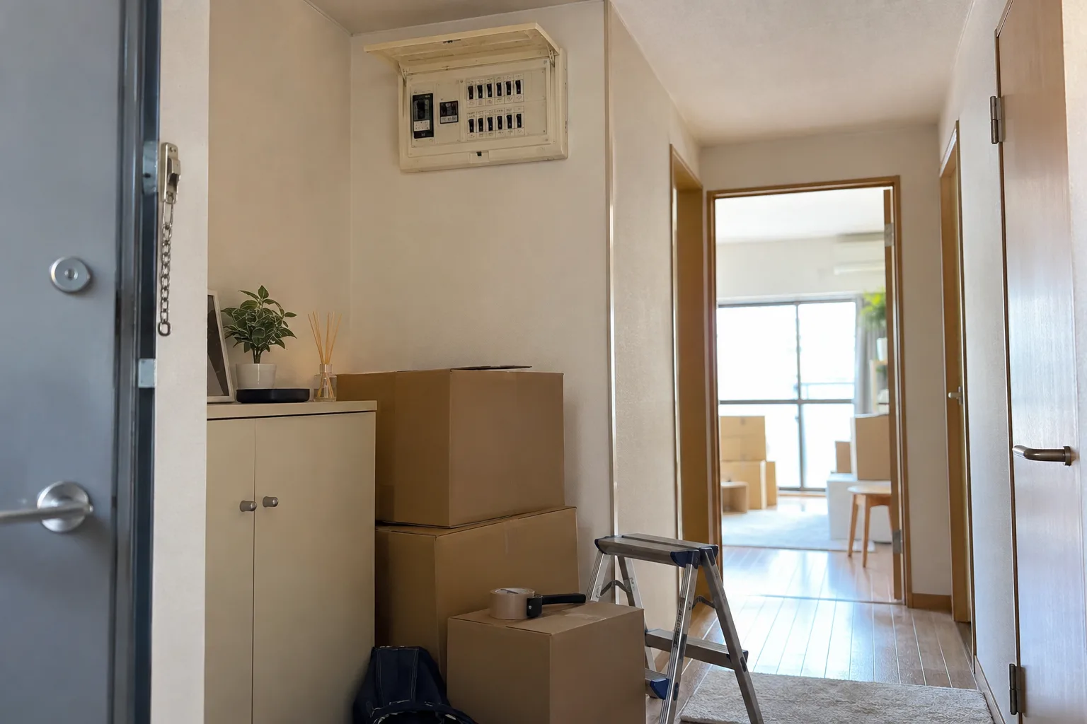 引っ越し用の段ボールがある新居の玄関で、壁の分電盤を離れて確認できる様子