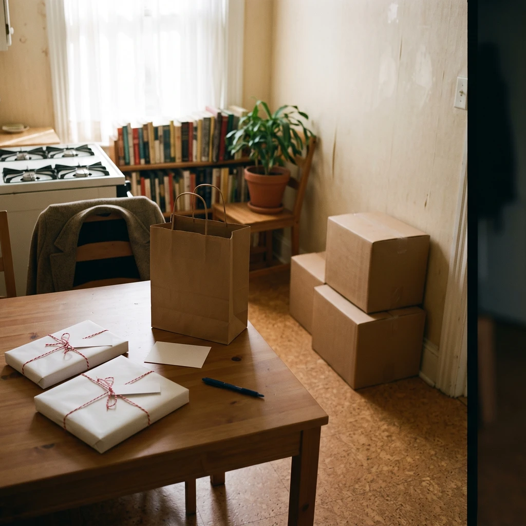 引っ越しの挨拶はどこまで？一戸建てとマンションで違う。白い紙で包んで紅白のひもを掛けた手土産が2つと、紙袋、白いカード、ペンがダイニングテーブルに置かれ、奥の壁ぎわに段ボールが積まれた部屋