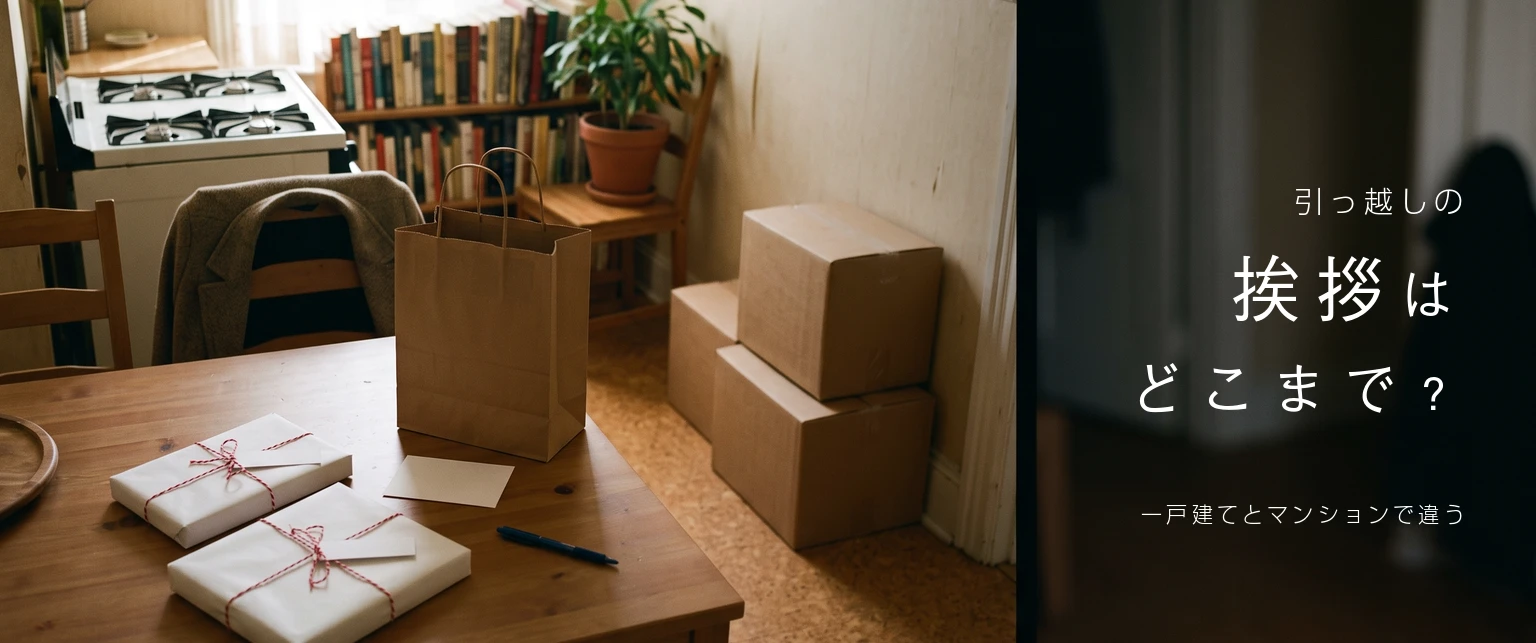 引っ越しの挨拶はどこまで？一戸建てとマンションで違う。白い紙で包んで紅白のひもを掛けた手土産が2つと、紙袋、白いカード、ペンがダイニングテーブルに置かれ、奥の壁ぎわに段ボールが積まれた部屋