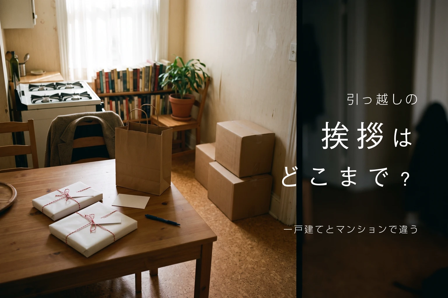 引っ越しの挨拶はどこまで？一戸建てとマンションで違う。白い紙で包んで紅白のひもを掛けた手土産が2つと、紙袋、白いカード、ペンがダイニングテーブルに置かれ、奥の壁ぎわに段ボールが積まれた部屋