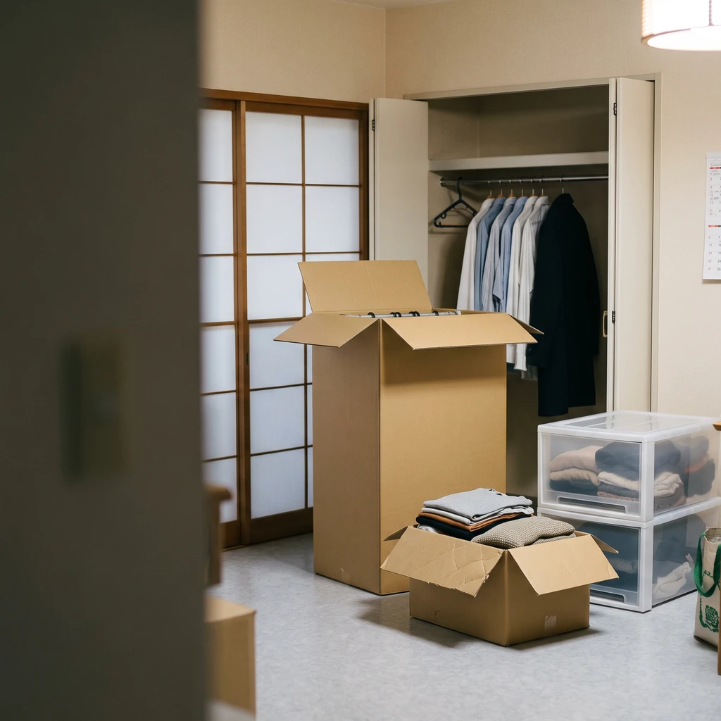 引っ越しの服の詰め方。ハンガーボックスと衣装ケースは業者に聞く。シャツとコートが掛かったクローゼットの前に、ふたを開けたハンガーボックスと、たたんだ服を入れた段ボール、服の入った透明な衣装ケースが並ぶ部屋