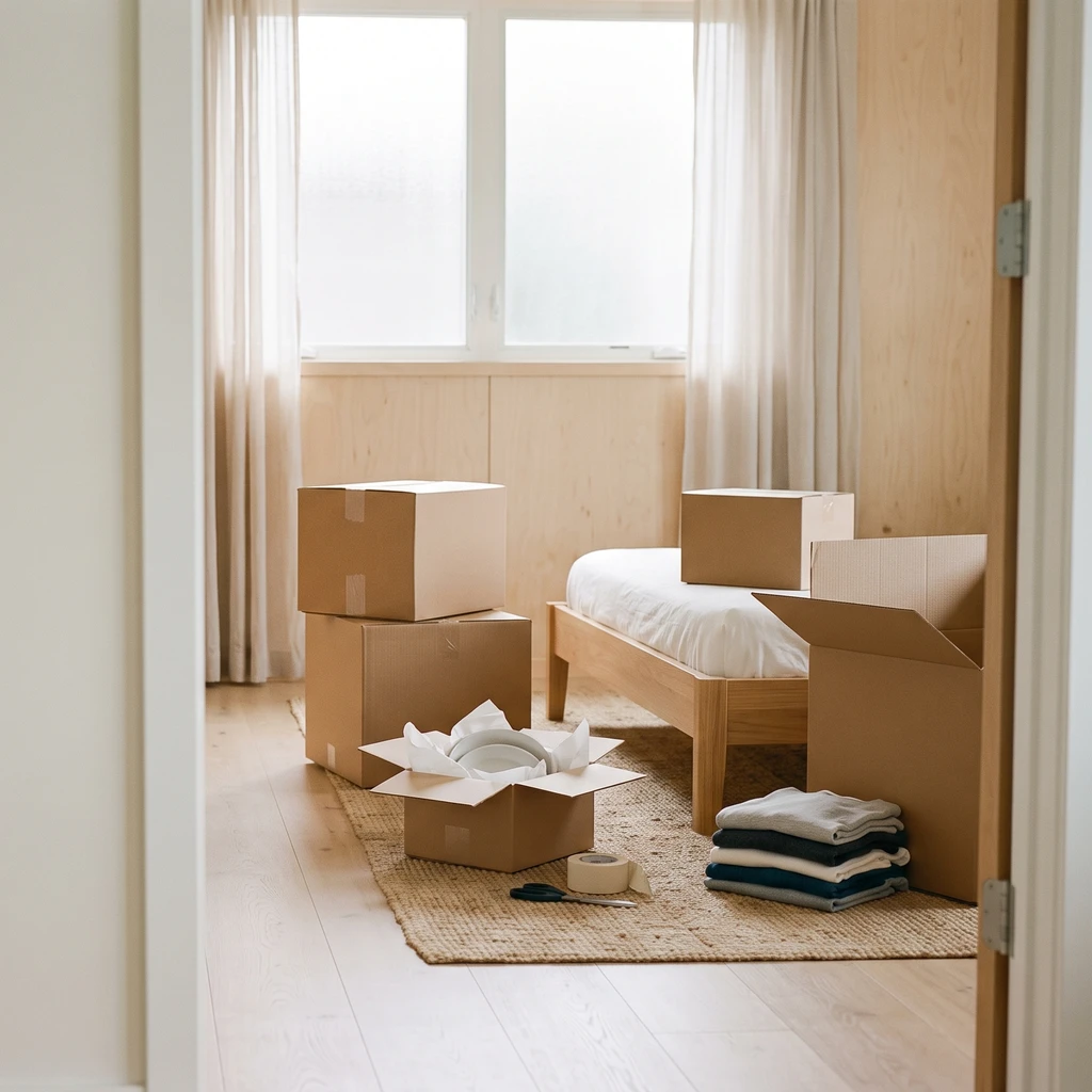 引っ越しの荷造りは何から？順番と、いつから始めるか。段ボールと畳んだ服が置かれた寝室の写真