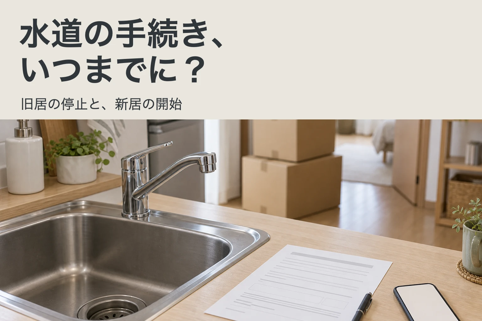 引っ越しの水道手続き。蛇口と申込書、スマートフォン、引っ越し用の箱がある台所