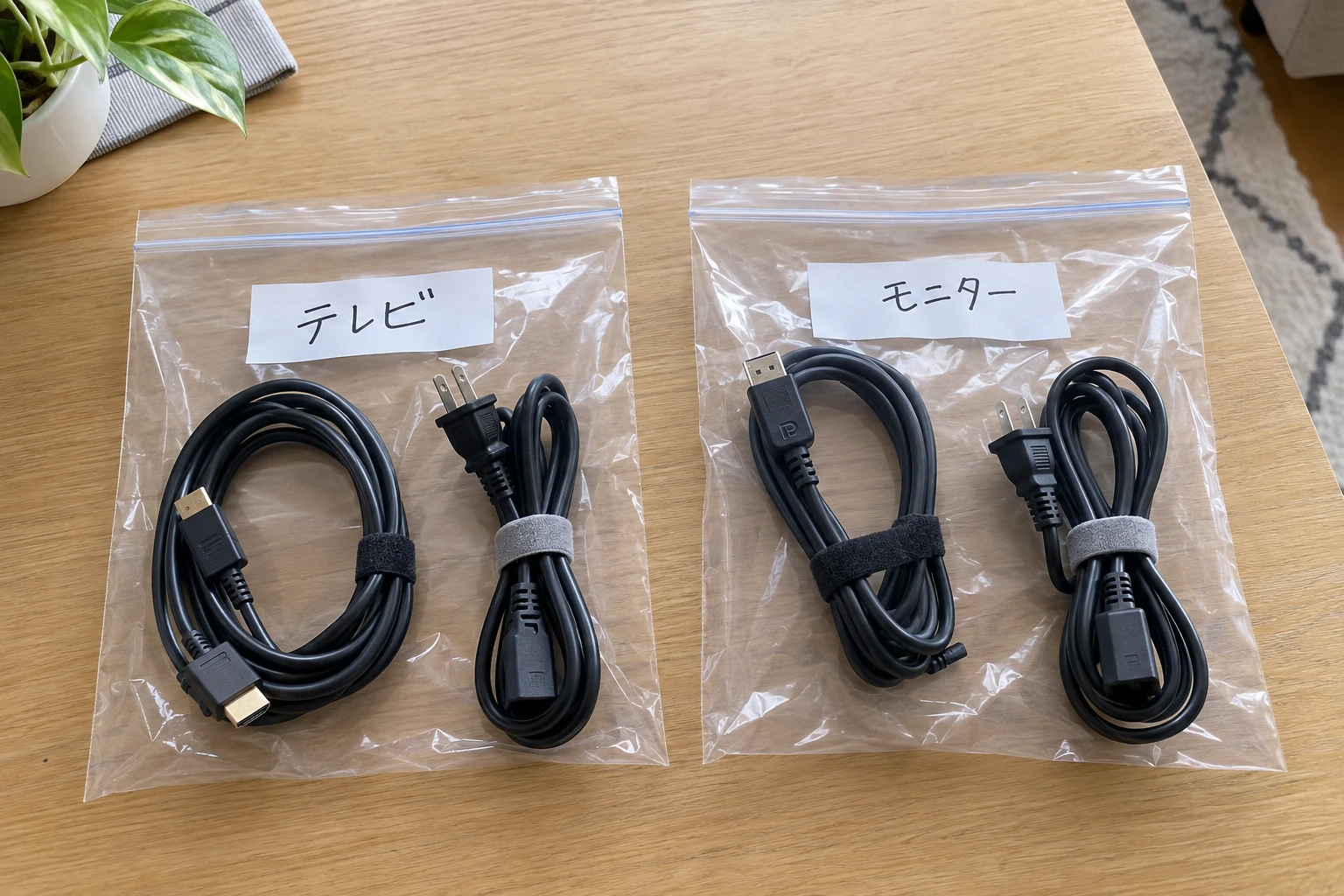 テレビとモニターの名前を書いた袋にコードを分けた梱包例