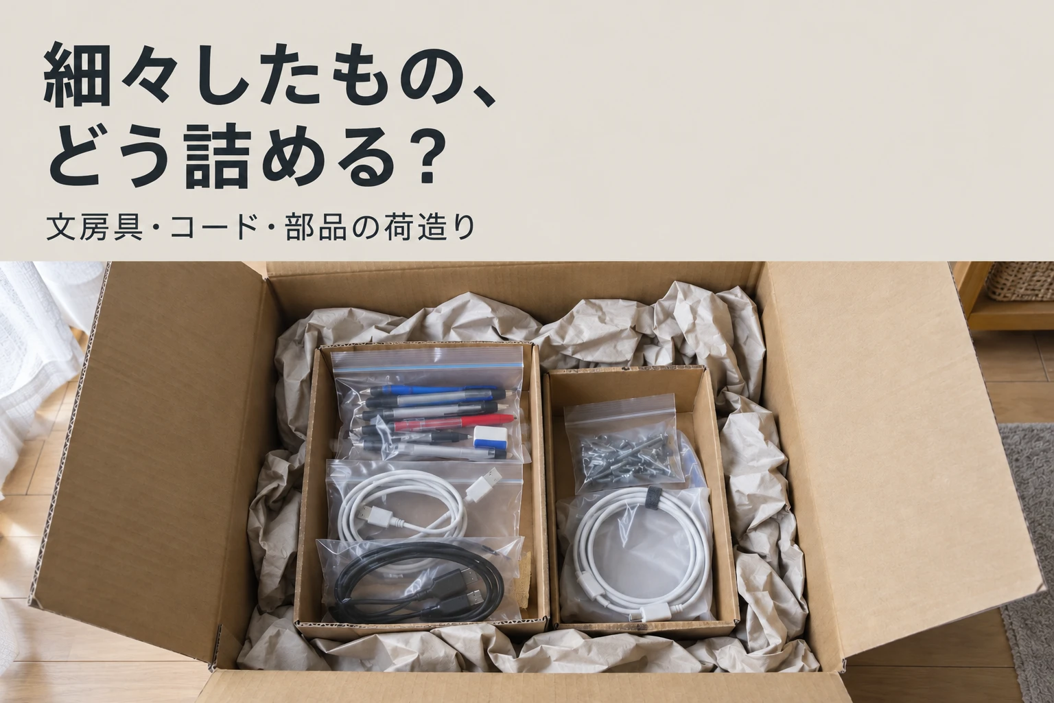 細々したもの、どう詰める? 文房具・コード・部品の荷造り。袋分けした小物を箱に入れた梱包例