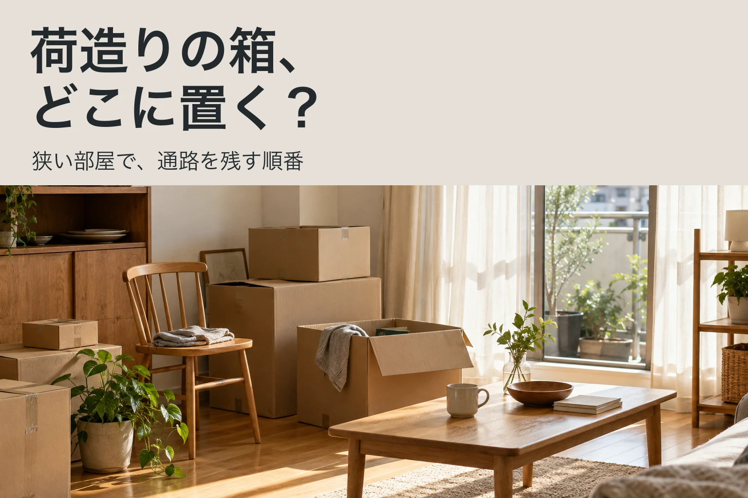 荷造りの箱、どこに置く？狭い部屋で通路を残す順番。淡いグレージュの見出し背景と、箱を壁際に置いた部屋の写真