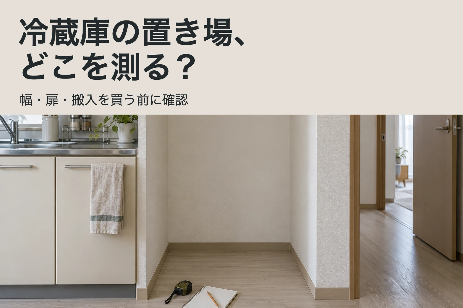 冷蔵庫の置き場、どこを測る?幅・扉・搬入を買う前に確認。空の冷蔵庫置き場にメジャーとノートを置いた表紙