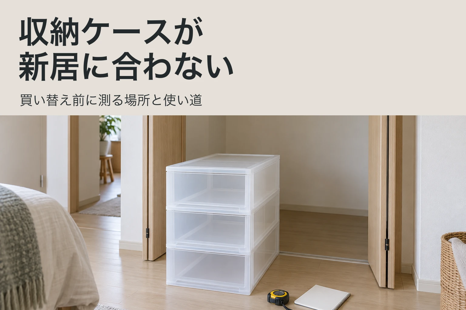 新居のクローゼット前に置いた引き出し式収納ケースとメジャー。収納ケースが新居に合わないときの測り方を示す表紙