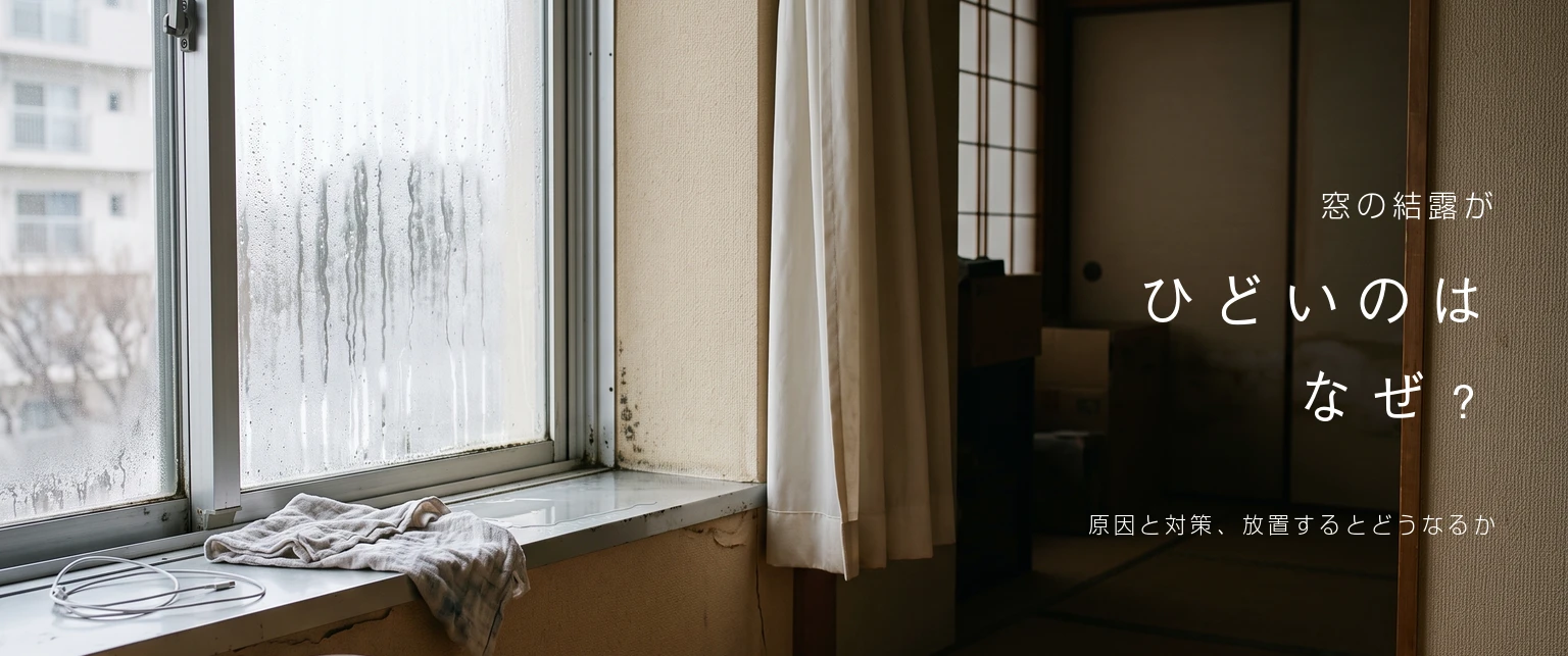 窓の結露がひどいのはなぜ？原因と対策。しずくが流れる窓ガラスと、水がたまったサッシの写真