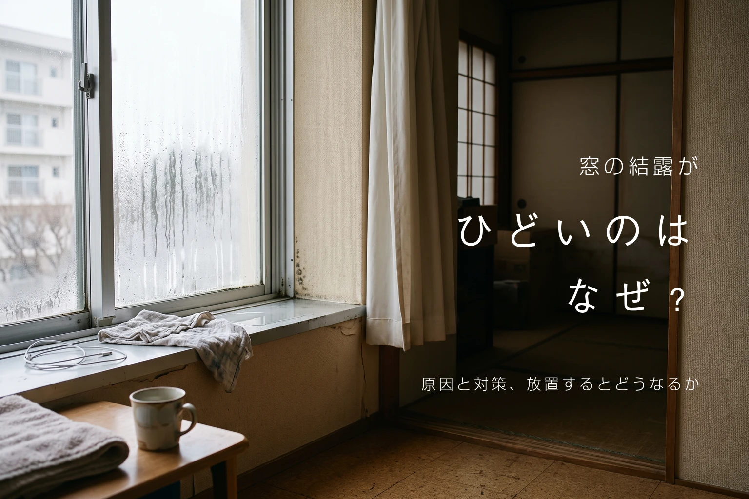窓の結露がひどいのはなぜ？原因と対策。しずくが流れる窓ガラスと、水がたまったサッシの写真